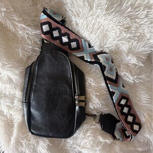 Black Leather Crossbody Bag with Patterned Strap